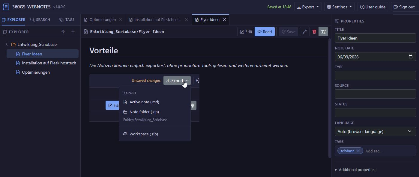 Screenshot der NoteBase-Oberfläche: Notizen, Ordner und Suche im Überblick